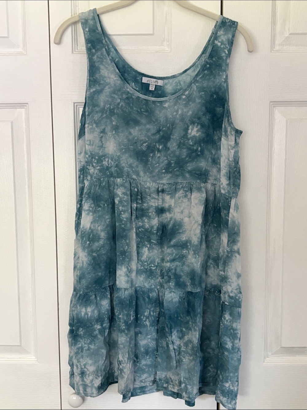 dELiA*s Teal and White Tie-Dye Tiered Sleeveless Dress - M